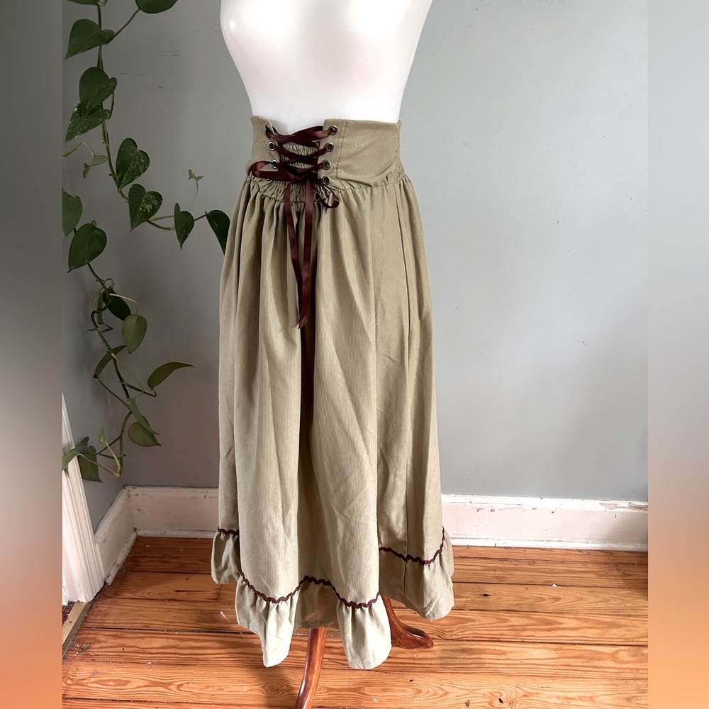 Cottagecore Green Corset Ribbon Lace Up Maxi Skirt